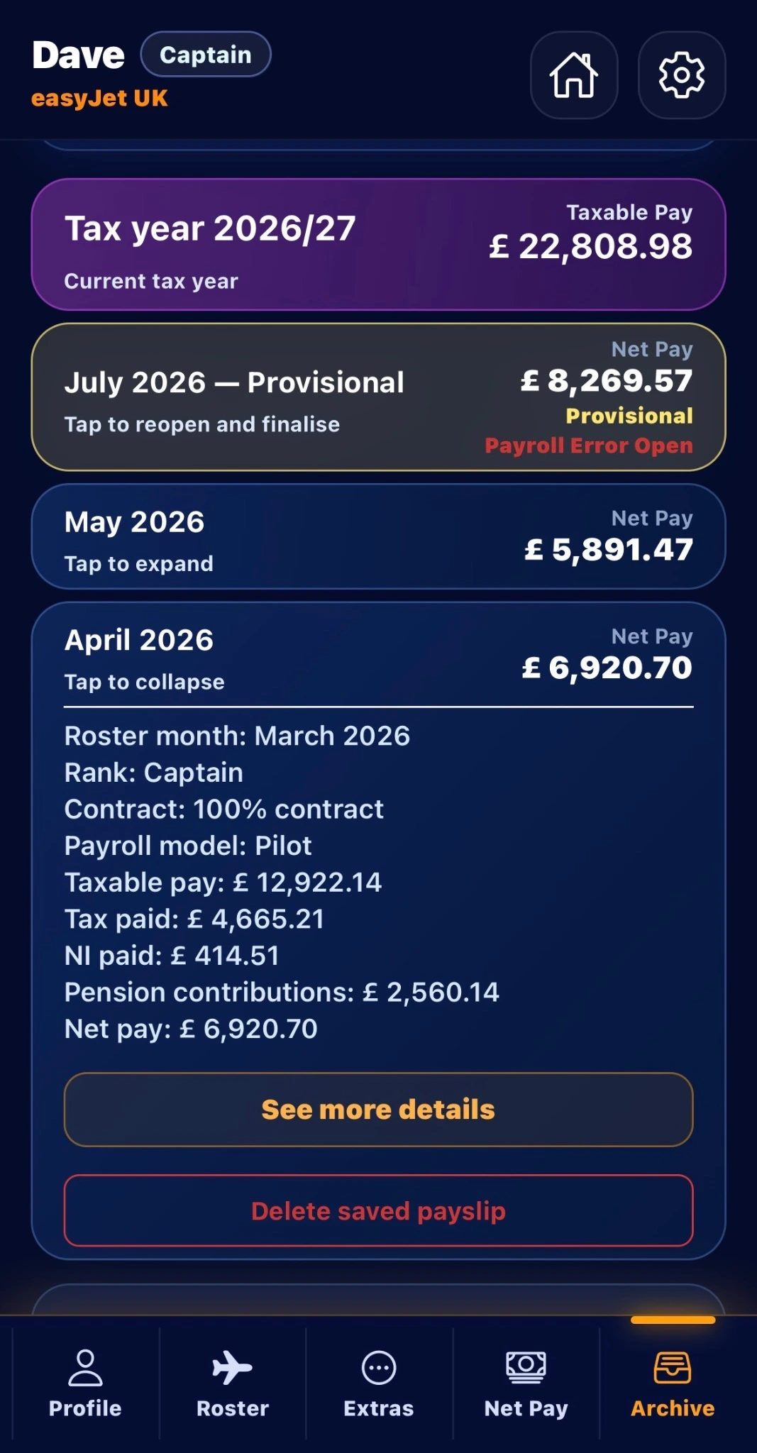 FlightPay Assistant archive with Dave example profile and saved payslips