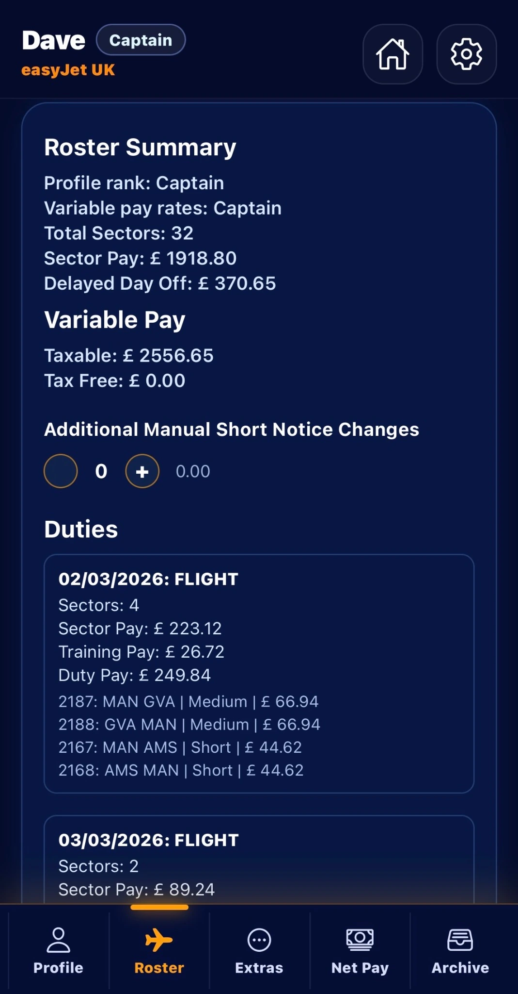 FlightPay Assistant roster summary with Dave example profile and duty details