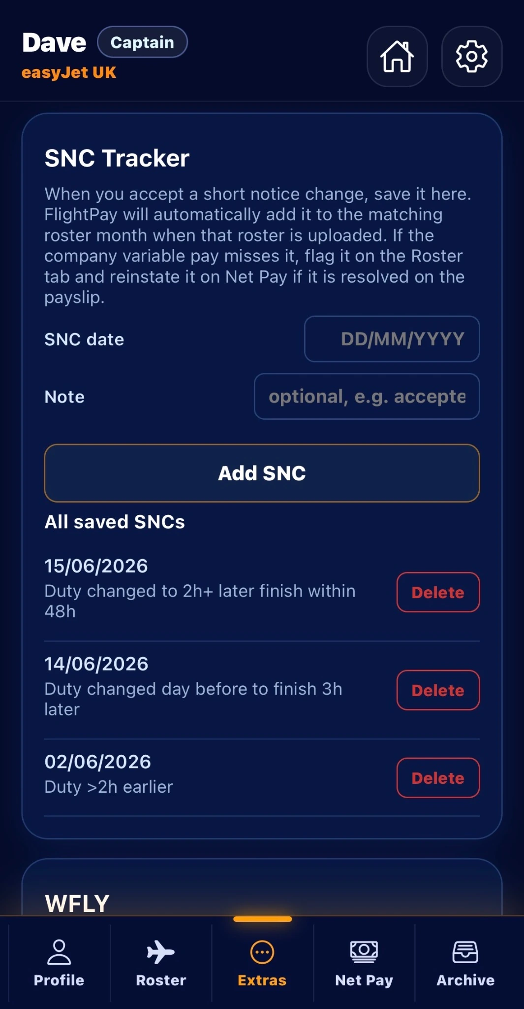 FlightPay Assistant SNC tracker with Dave example profile and three saved SNC items