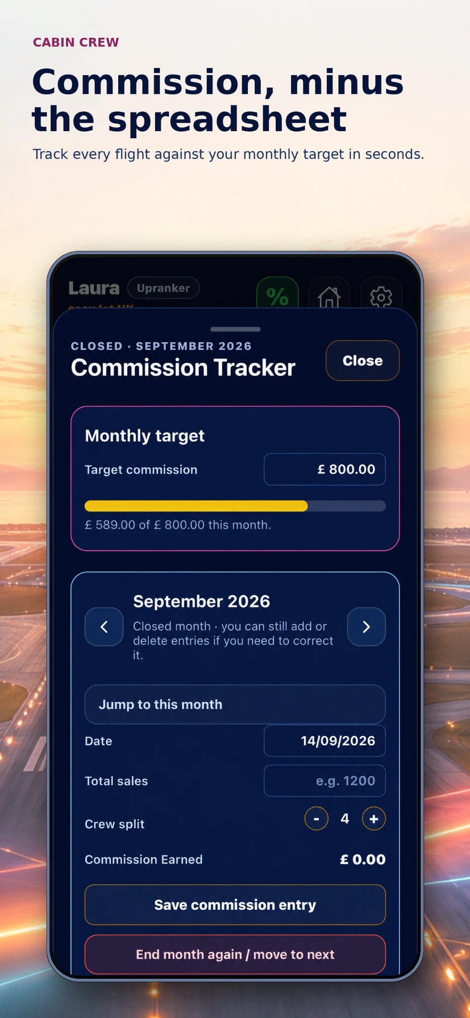 FlightPay cabin crew commission tracker showing monthly target and daily sales entry