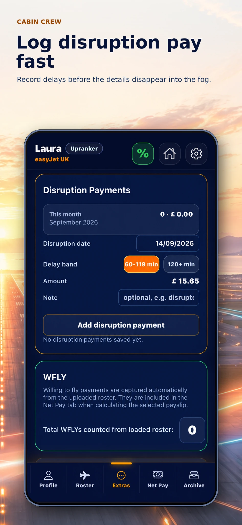 FlightPay cabin crew disruption payment tracker showing delay band and disruption amount