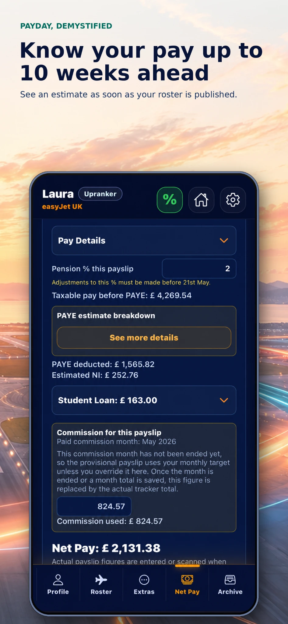 FlightPay cabin crew net pay estimate showing pay up to ten weeks ahead