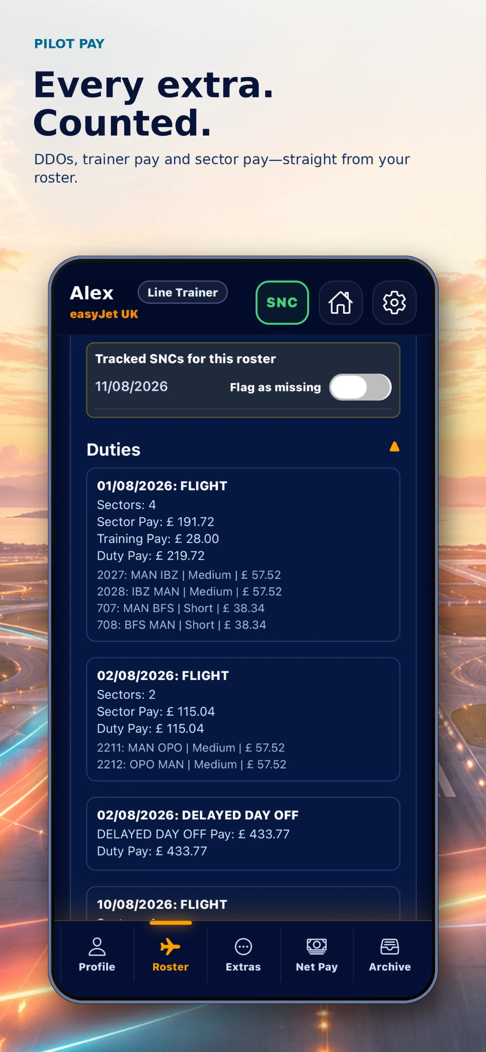 FlightPay pilot roster summary showing sector pay, trainer pay and delayed day off pay