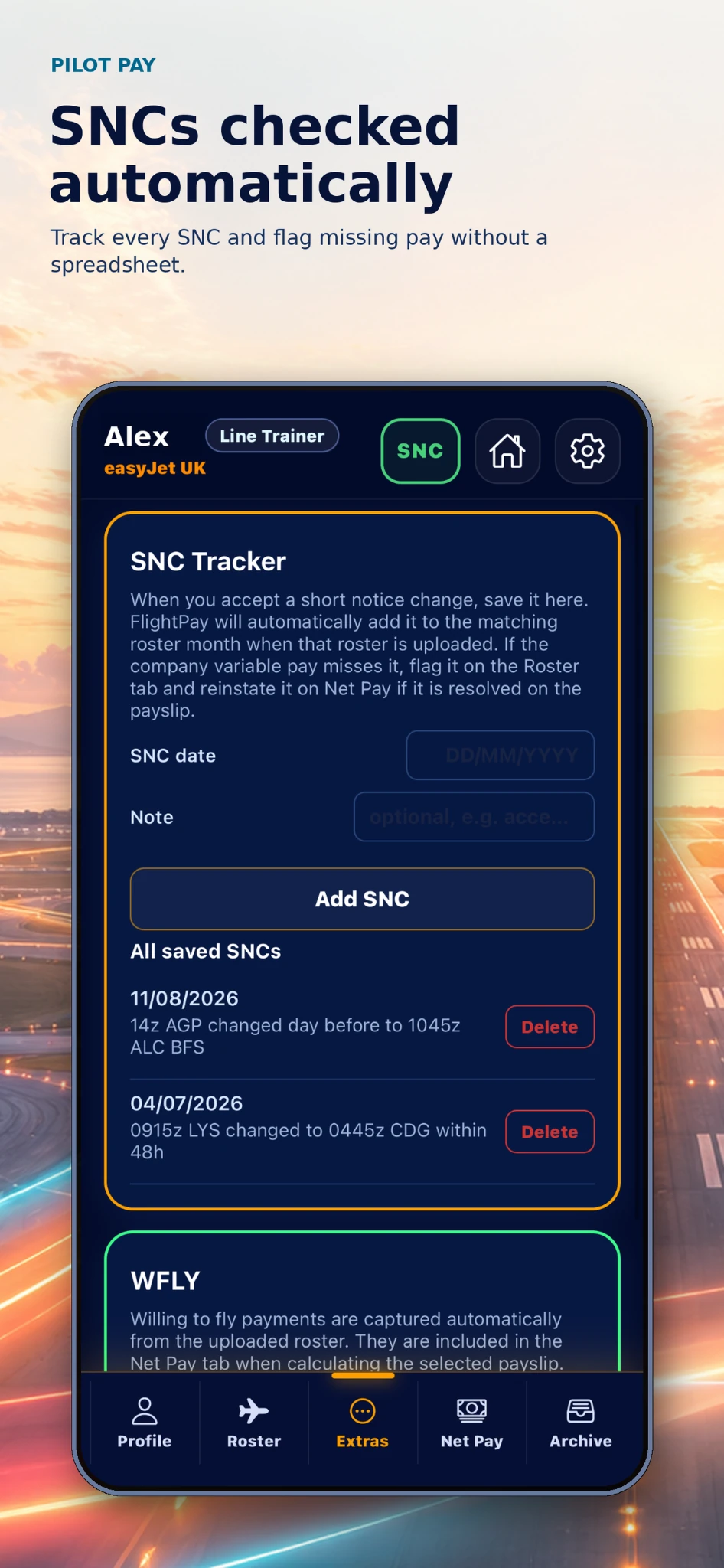 FlightPay pilot SNC tracker showing automatic short notice change tracking