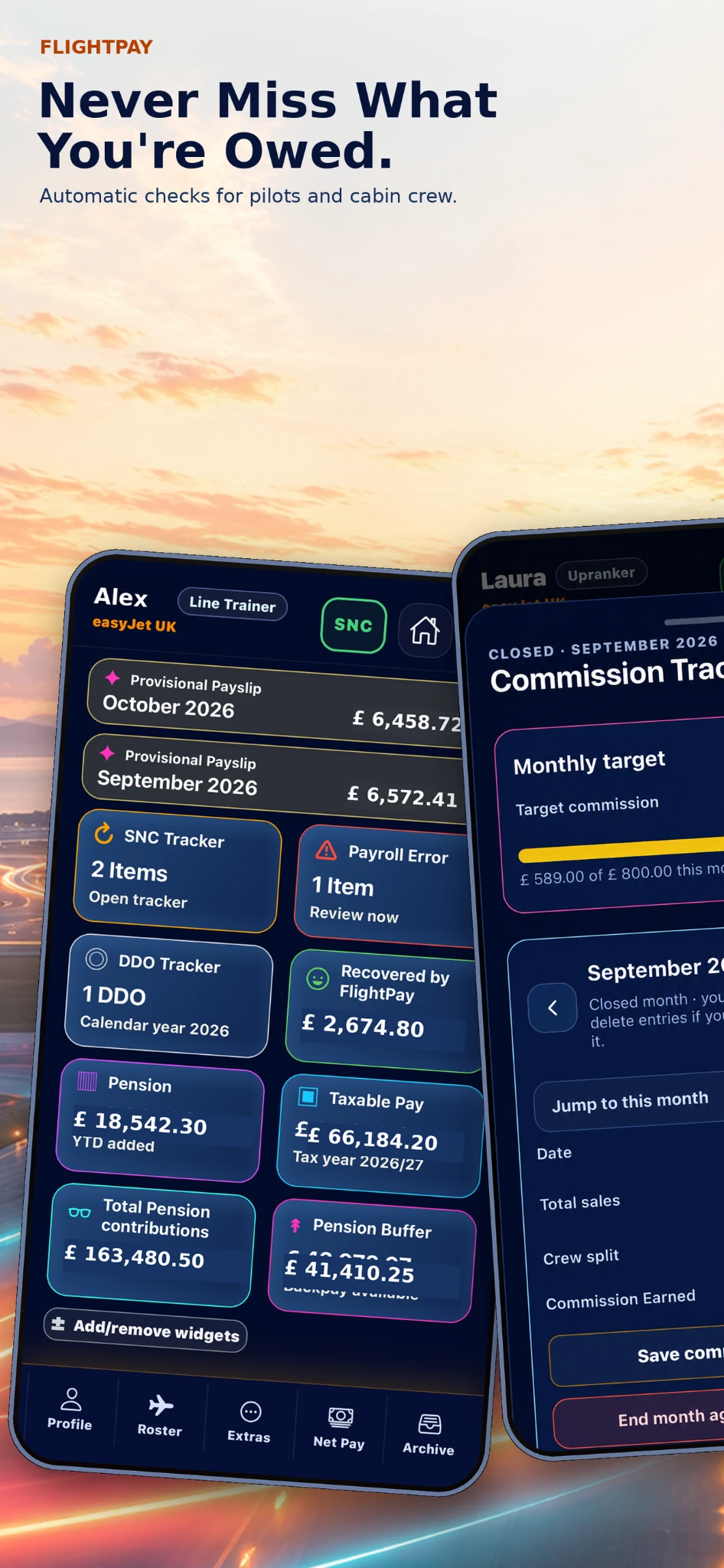 FlightPay promotional screen showing pilot and cabin crew app views with the message Never Miss What You're Owed