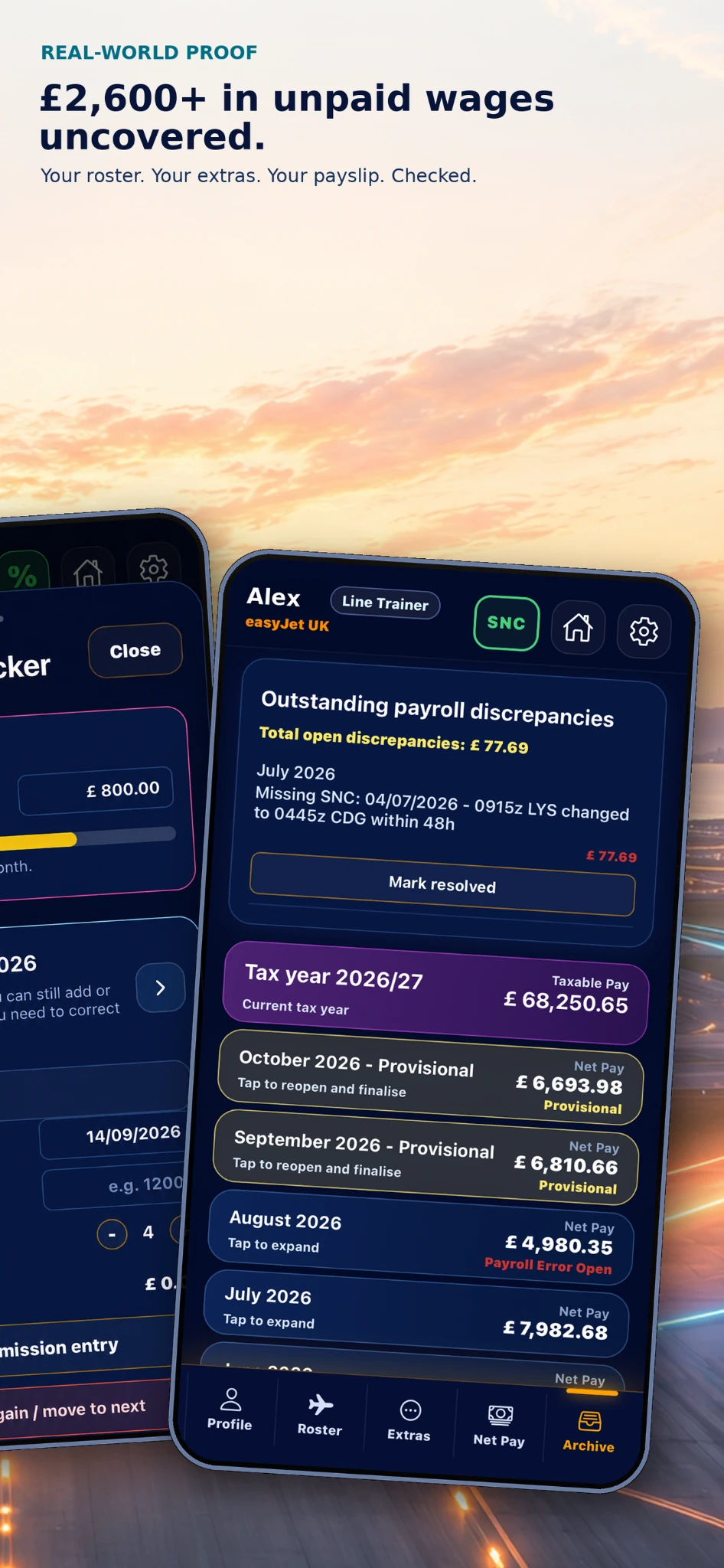 FlightPay promotional screen showing more than £2,600 in unpaid wages uncovered and an outstanding payroll discrepancy