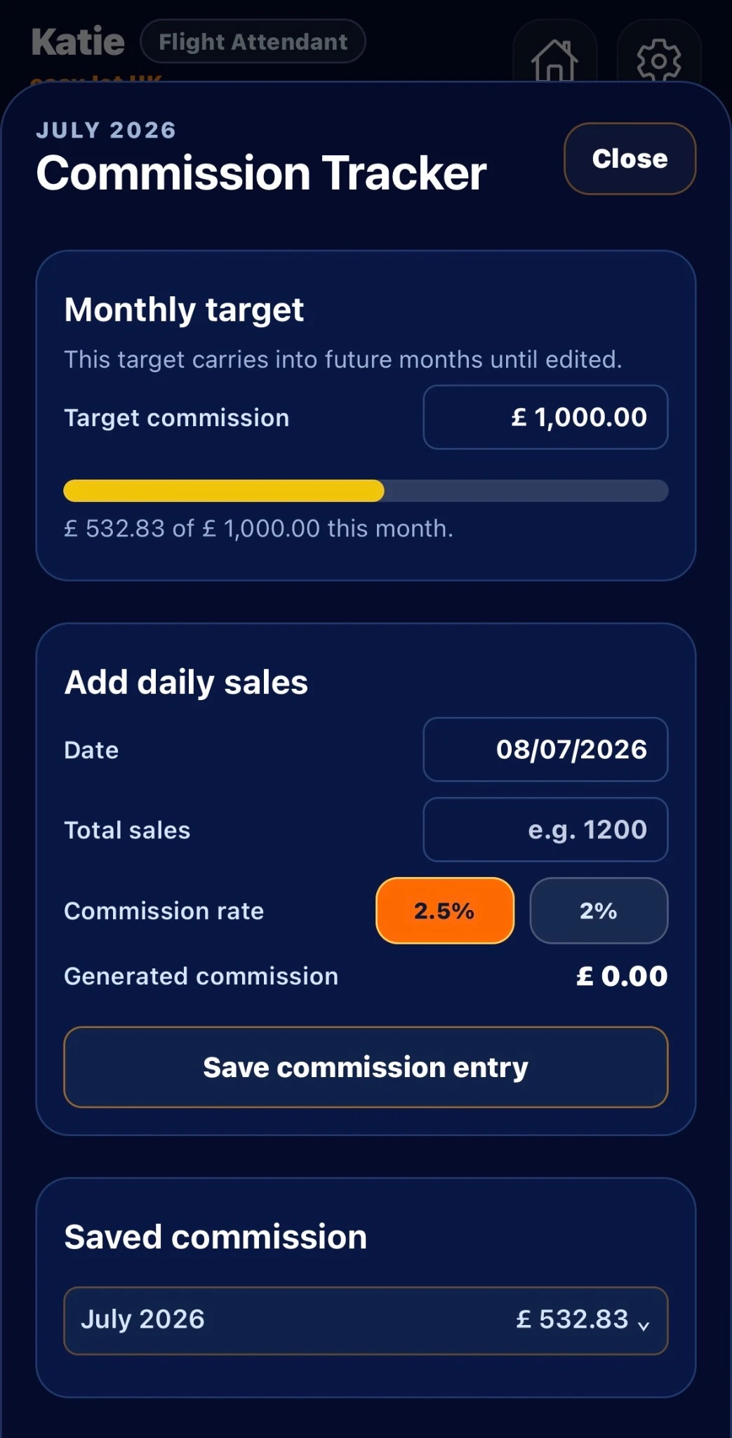 FlightPay Assistant commission tracker for Katie example profile showing monthly target, target commission, commission rate and saved commission entries