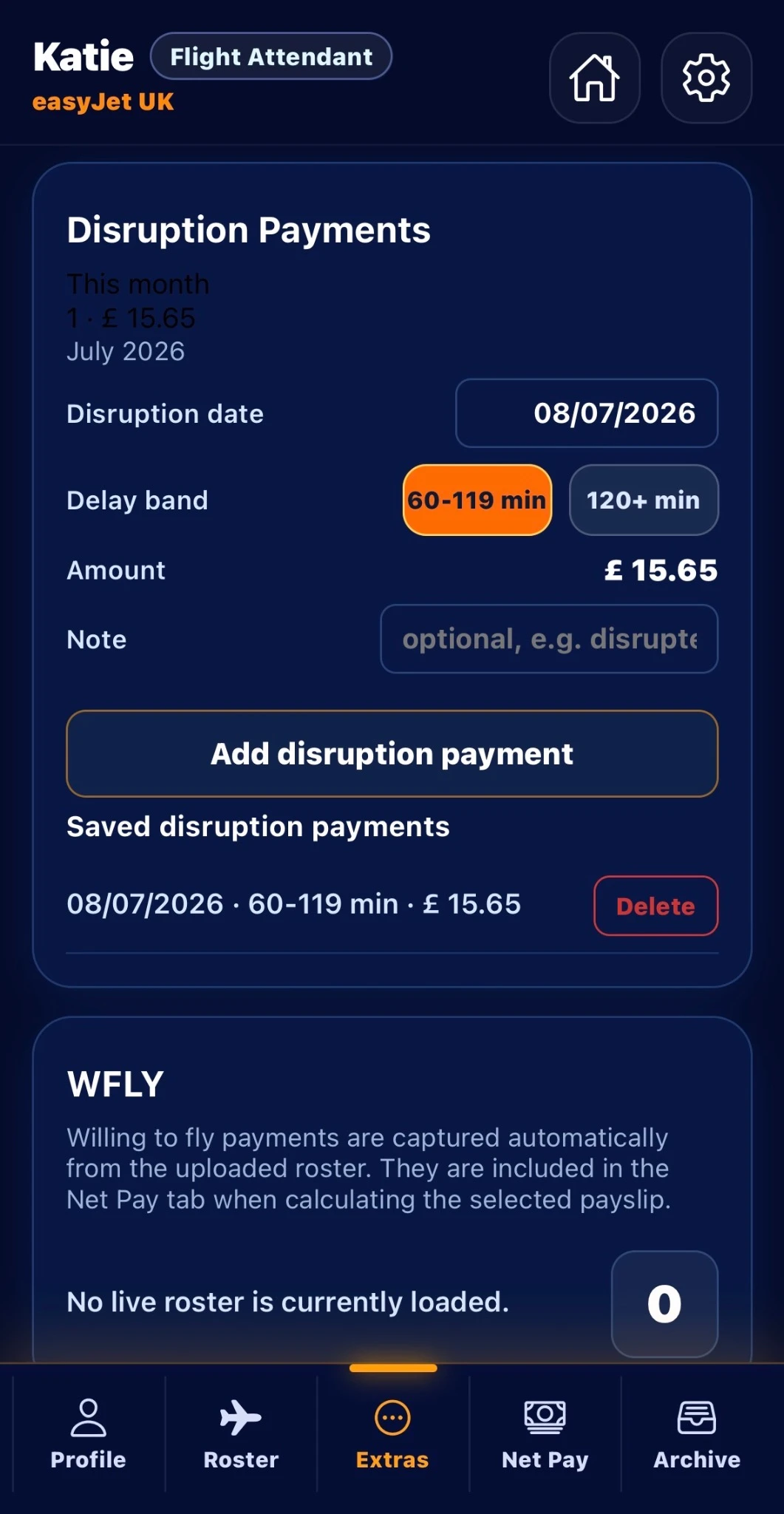 FlightPay Assistant disruption payments tracker for Katie example profile showing disruption date, delay band, saved disruption payment and automatic tracking